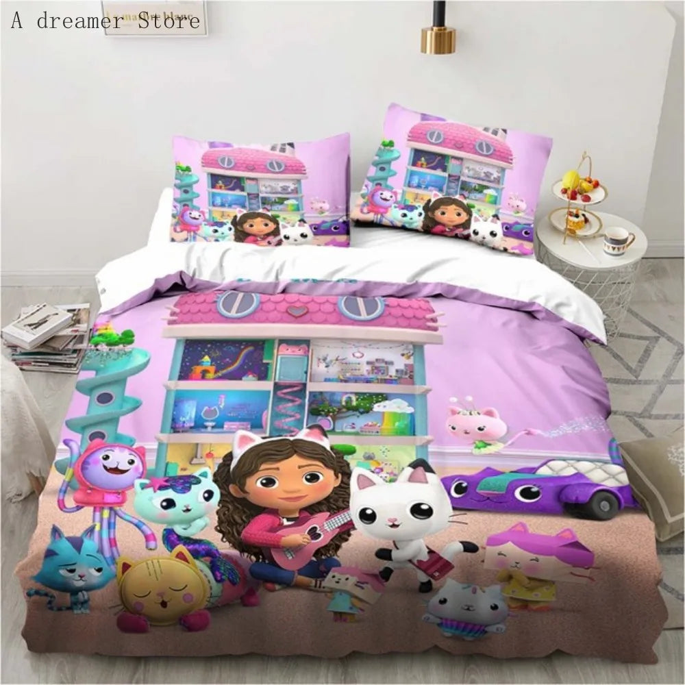 Gabbys Dollhouse Characters Bedding Set Cartoon Duvet Cover 2/3Pc Pink Bedclothes Single Double Queen King Size for Girl Bed Set