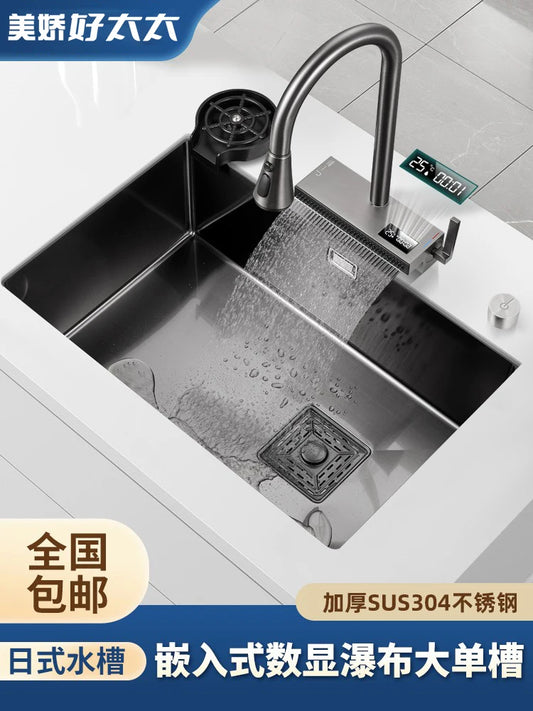 Stainless steel nanometer black sink large single trough digital display waterfall household kitchen wash basin embedded platfor