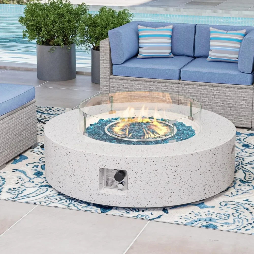 Outdoor Propane Fire Pit Coffee Table w Terrazzo White 40.5-inch Round Base Patio Heater, 50,000 BTU Stainless Steel Burner