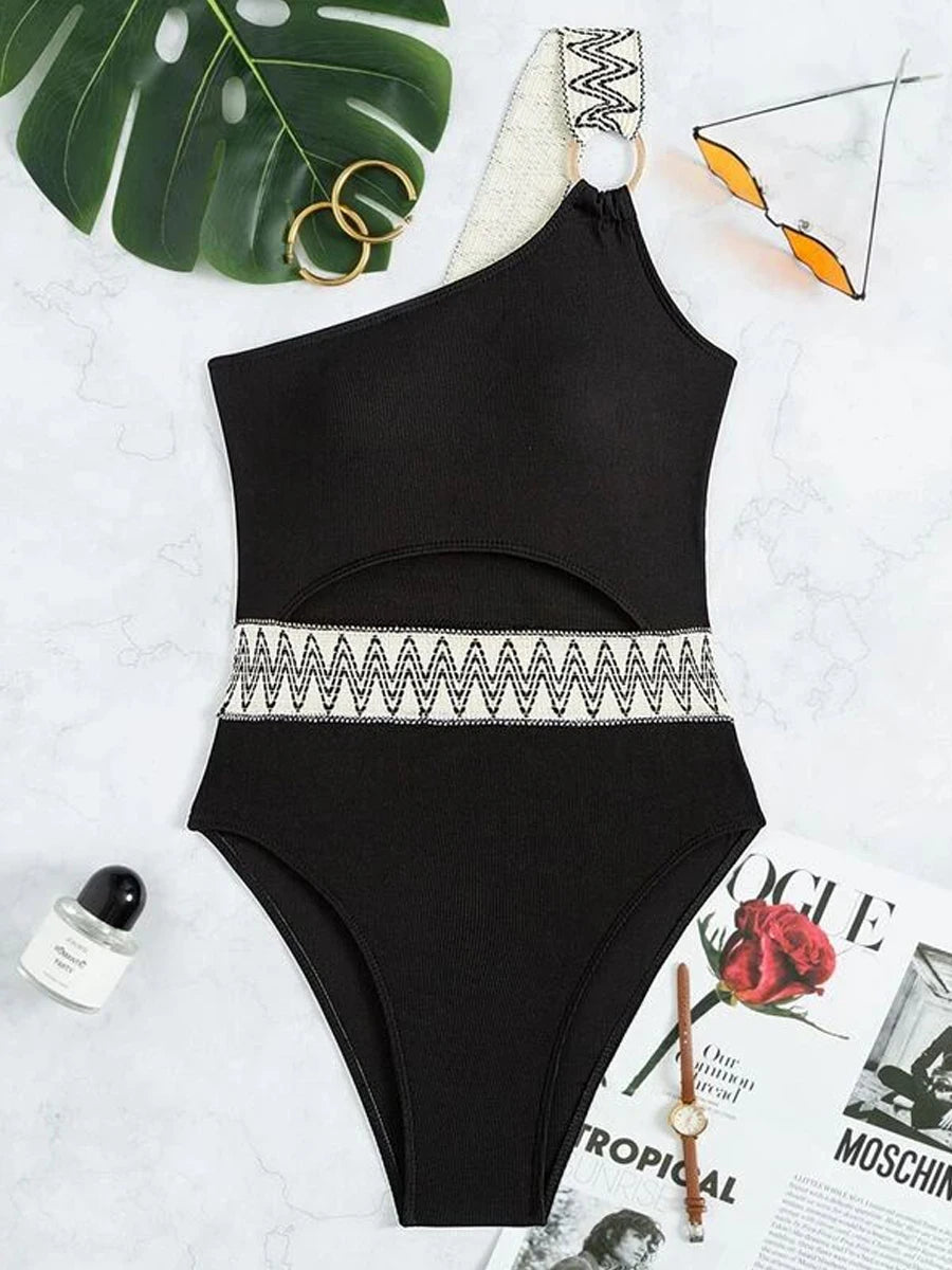 Swimsuit Women One Piece Padded   One Shoulder Bodysuit Solid Swimming Suit  Beachwear