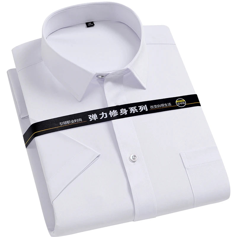 Men Short Sleeve Dress Shirt Summer Non-iron Solid Color Basic Business Formal Stretch Soft Wrinkle-resistant Casual Office Tops