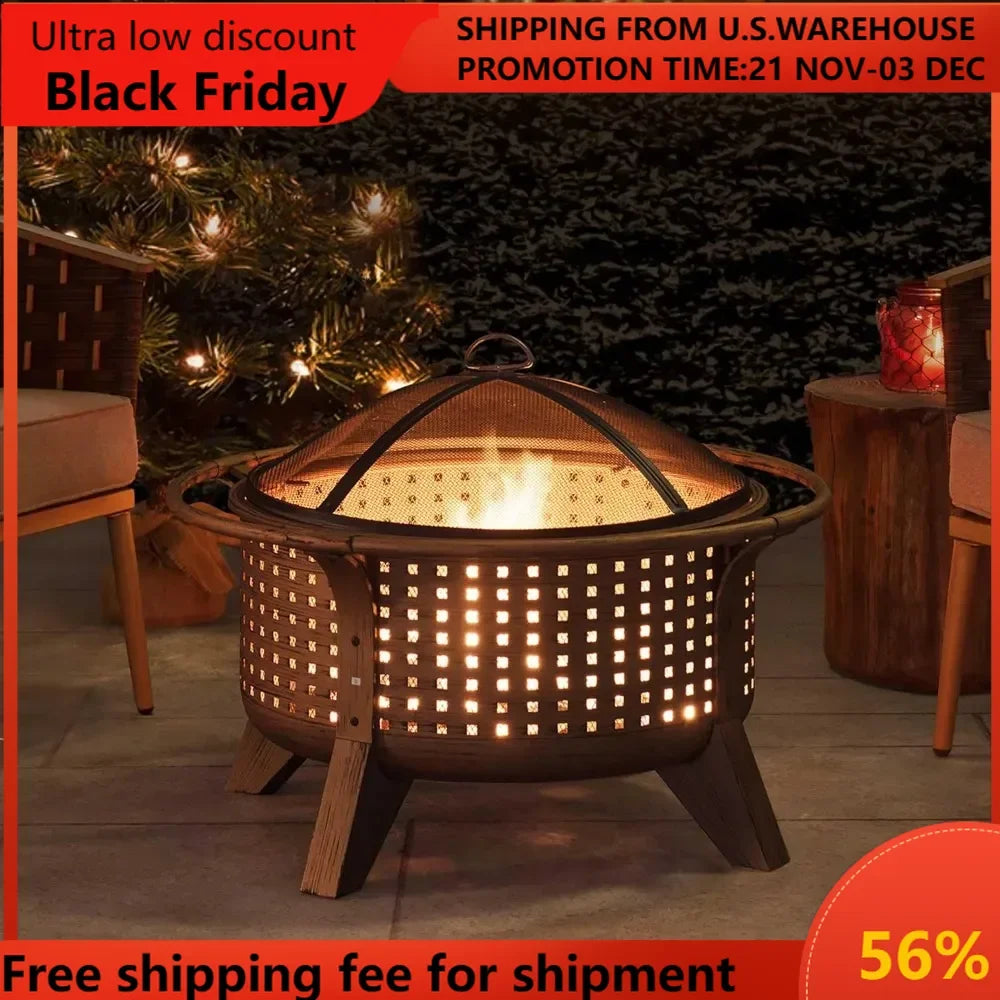 Fire Pit 30 in. Outdoor Wood-Burning Fire Pit, Patio Woven Round Steel Firepit Large Fire Pits for Outside with Spark Screen and