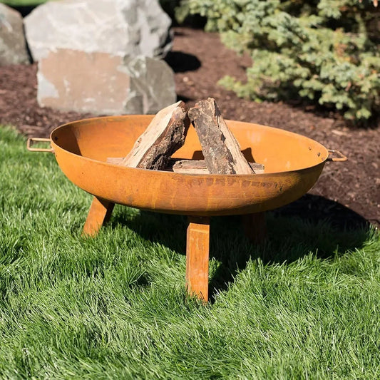 30-Inch Rustic Cast Iron Outdoor Raised Fire Pit Bowl with Handles - Oxidized Finish