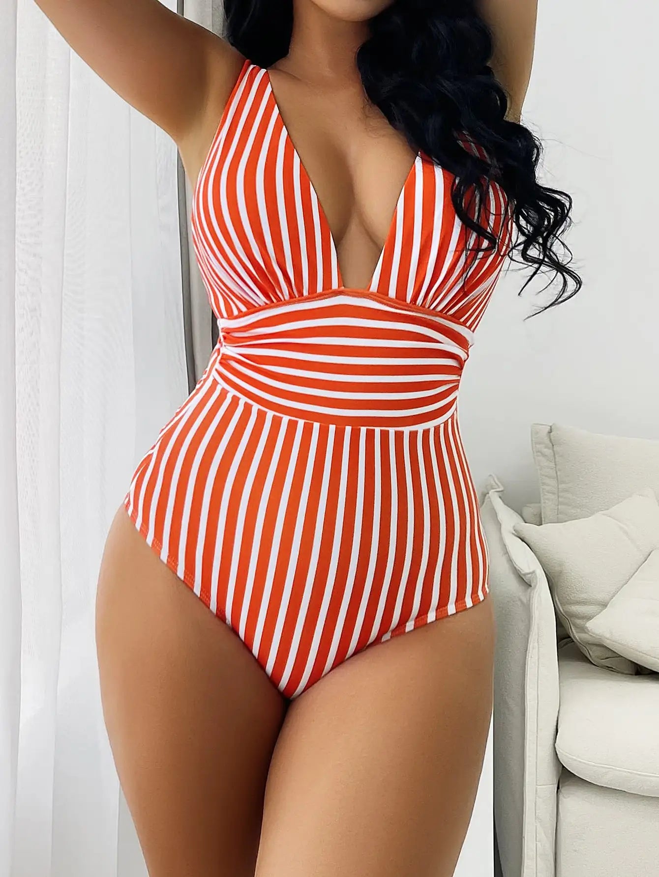 Striped One Piece Swimsuit Vintage Swimwear Women V-neck Bathing Swimming Suit Female Summer Beachwear Bodysuit