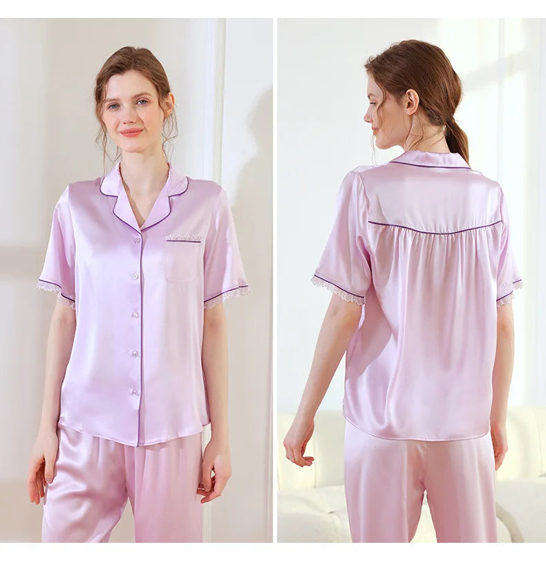 19mm 100% silk pajamas women short sleeve two pieces lounge  set women pajama Lingerie ladies Sleepwear for sleeping