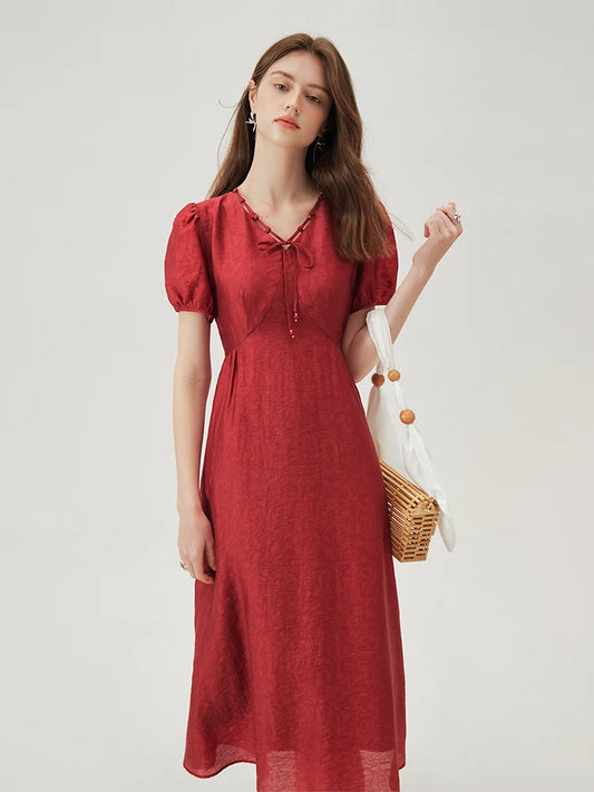 FSLE Women Exquisite Beaded Waist Dress 2024 Summer New Red Beige Women Casual Loose Women Dress 24FS12884