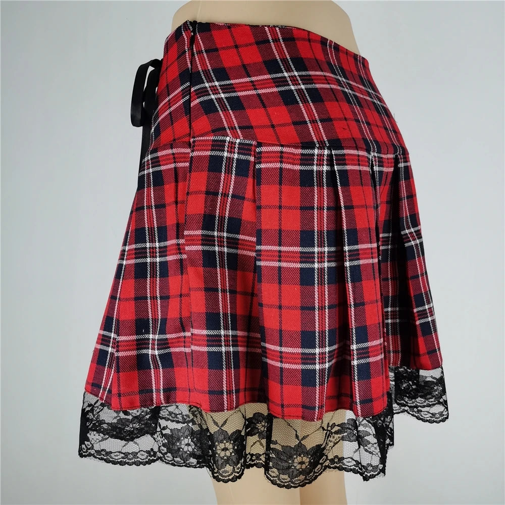 Lace Up Goth Y2K Woman Skirts Pink Stripe Plaid Lace Trim Pleated Punk Dark Academia Aesthetic E Girl Clothes Gothic Skirt