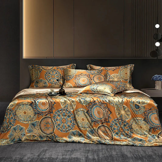 100% Mulberry Silk Comfy Soft Bedding set Queen King 4Pcs Vintage Boho 22mm Nature Silk 1 Duvet Cover 1 Bed Sheet 2 Pillowcases