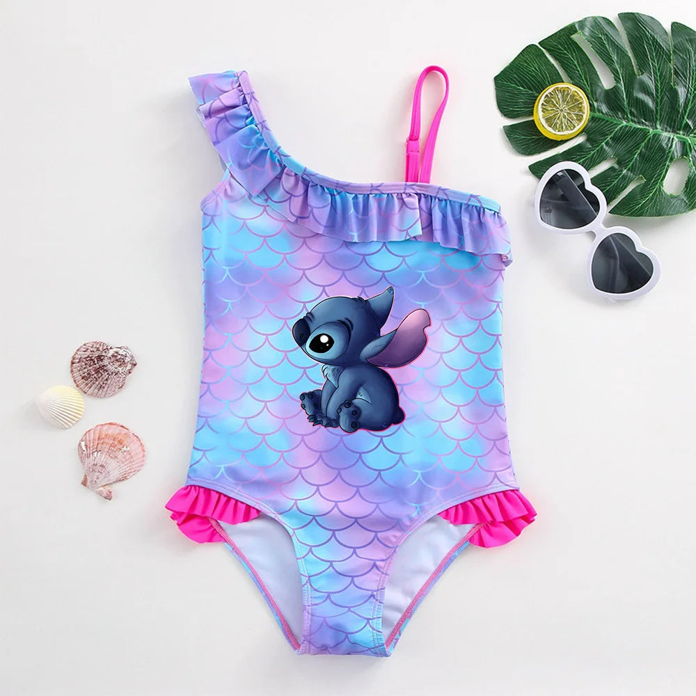 Stitch Girls Swimsuit Fashion Mermaid Fish Scale One-Piece Bathing Suits Children's Dresses Summer Swimwear Beach Suit Kids Wear