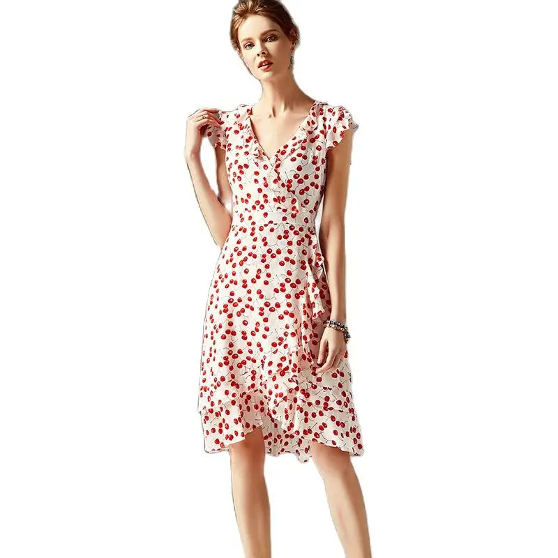 V-neck ruffled waist slimming silk printed A-line dress