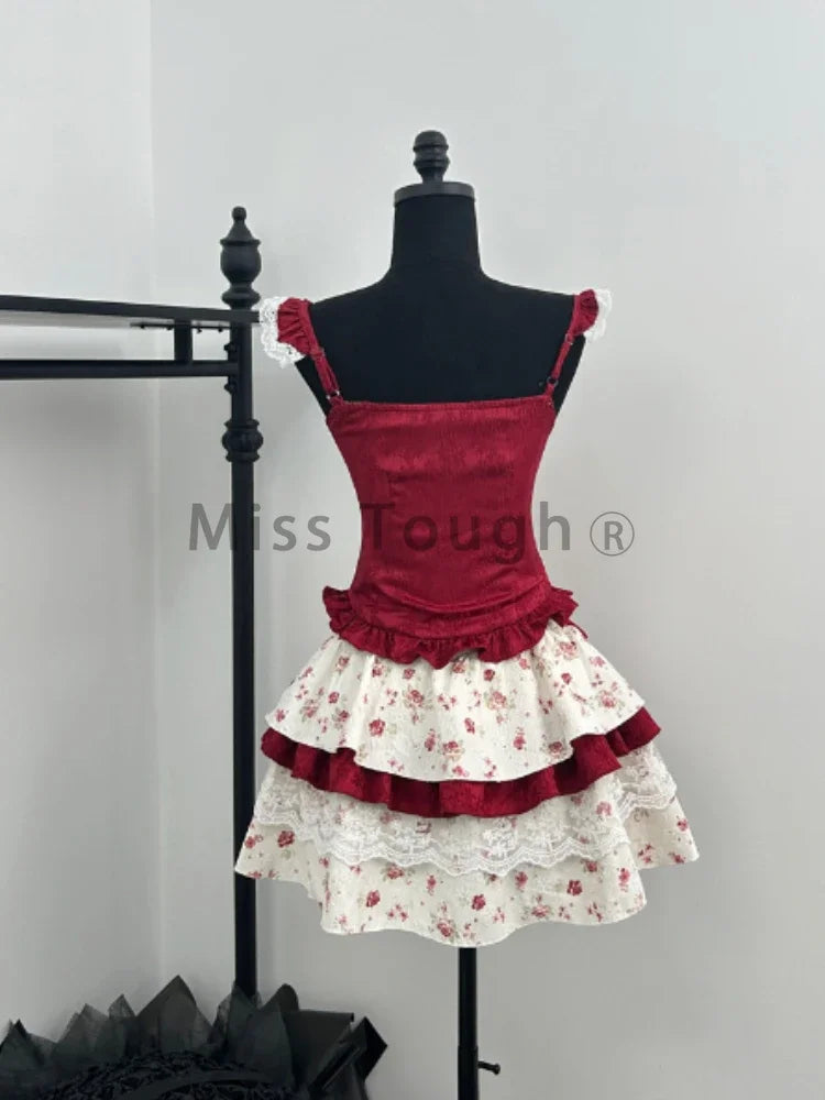 France Vintage Slim Square Neck Print 2 Piece Set Women Sweet Cute Lace Bow Patchwork Tops Female + High Waist Short Skirt 2024