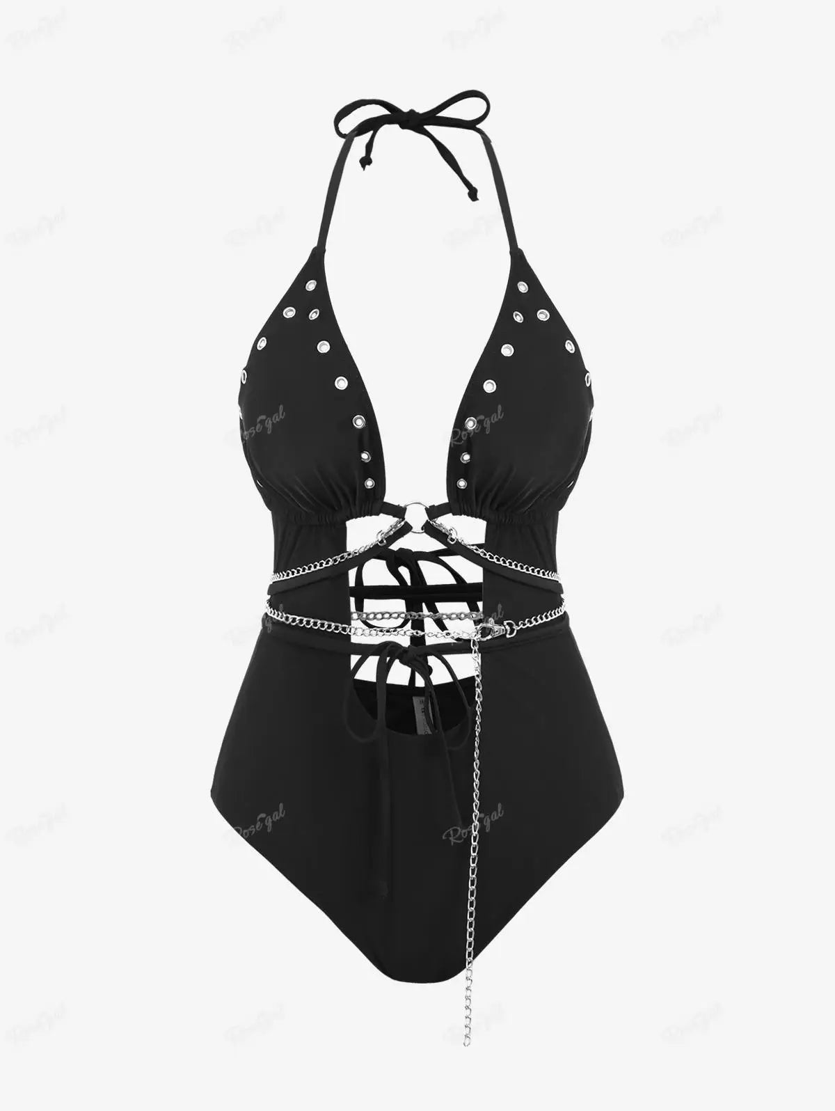 ROSEGAL Plus Size Gothic Women's One-Pieces Swimwears Summer Beachwear Bikinis Backless Hollow Out Halter Swimsuit