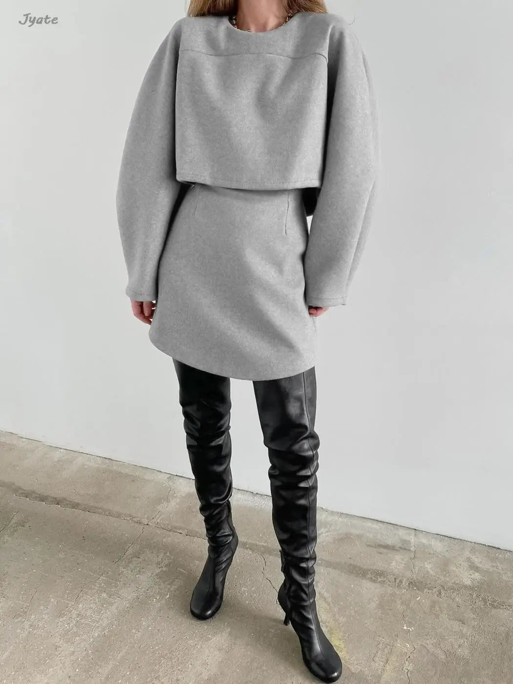 Jyate Autumn Versatile Fashion Grey Round Neck Long Lantern Sleeve Tops And Short Skirt Sets Luxury Women Outfits 2023 New