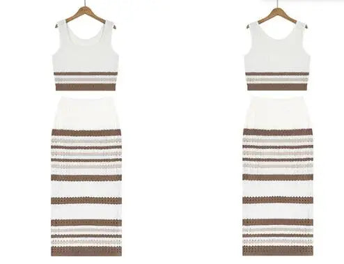 2 Pieces Set Women Sleeveless Knit Bikini Cover-up Crochet Swimsuit Crop Top Striped Skirt Swimwear High Waist Skirt Beach Dress