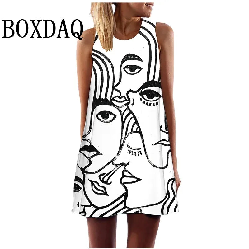 Dress Abstract Face Art Printed O-Neck Sleeveless Mini Dress Casual Loose Sweet A-Line Sundress