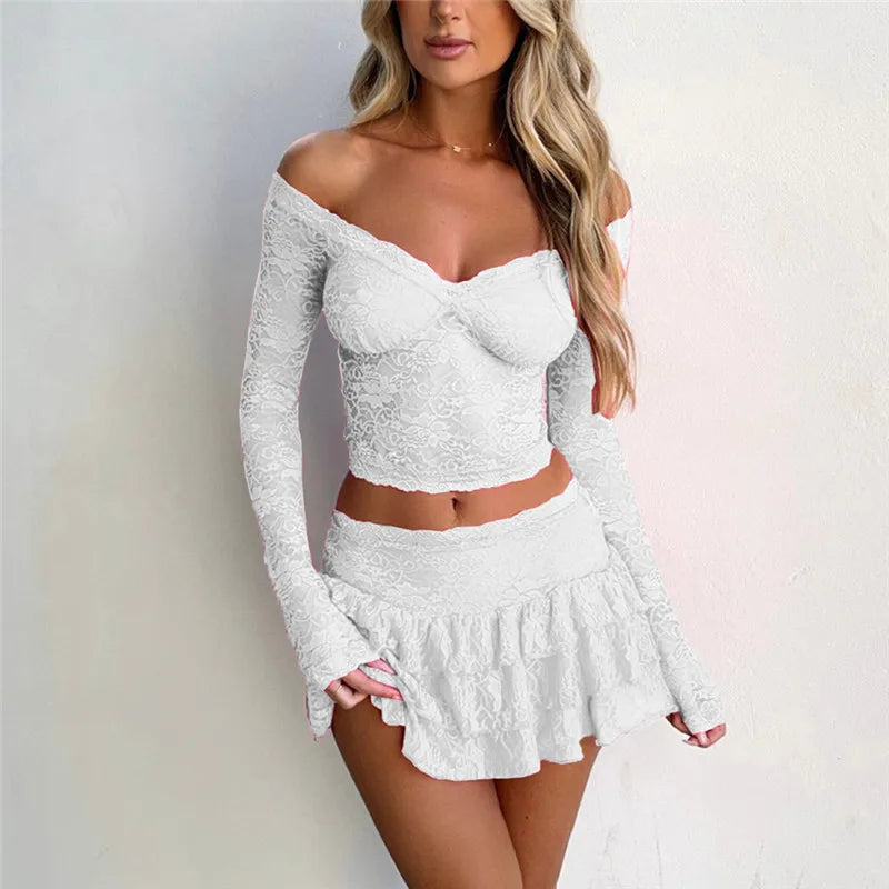 hirigin Women Lace Skirt Set Fairycore See Through Off Shoulder Long Sleeve Crop Tops and Mini Skirt 2 Piece Outfits Streetwear