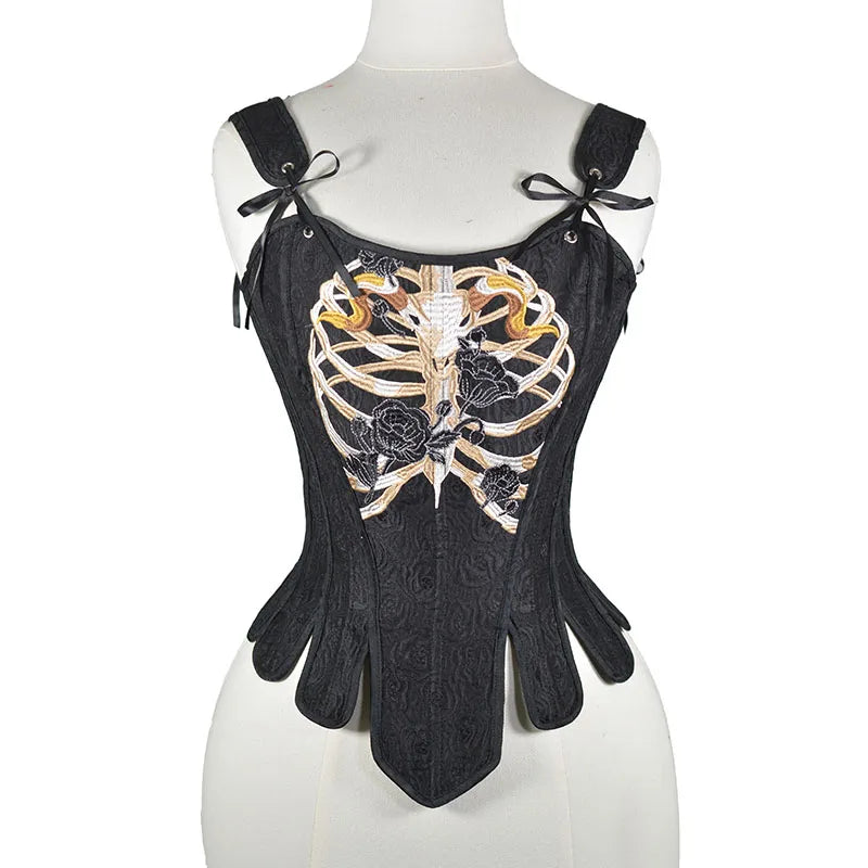 Gothic Bodice Rose Rib Bone Corset Embroider Body shaper Bustier Lingerie Costume Fashion Corselet Party Club Wear Punk Tops