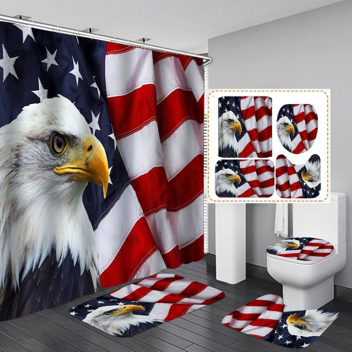 USA Flag American Bald Eagle Shower Curtain Set Non-Slip Rug Toilet Lid Cover Bath Mat Independence Day Patriotic Bathroom Sets