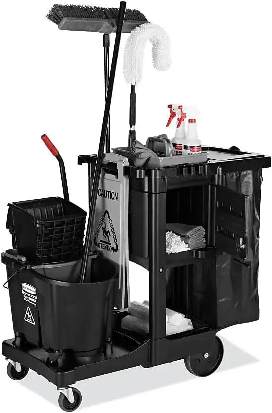 Executive Series Janitorial and Housekeeping Cleaning Cart with Locking Cabinet, Wheeled with Zippered Black Vinyl Bag, Black