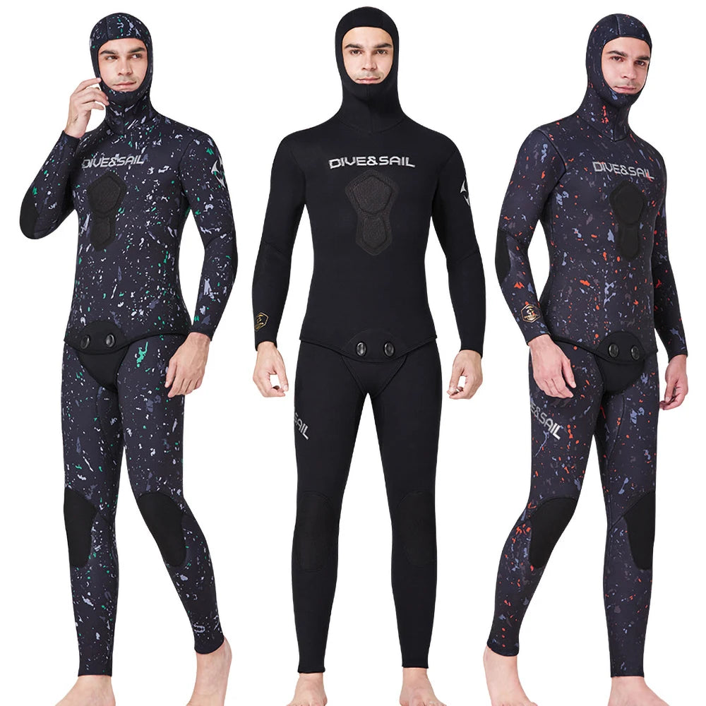 1.5mm/3mm/5mm/7mm Neoprene Spearfishing Wetsuit Men's Hooded Diving Suit Snorkeling 2 Pieces Set Wetsuit Winter Thermal Swimsuit