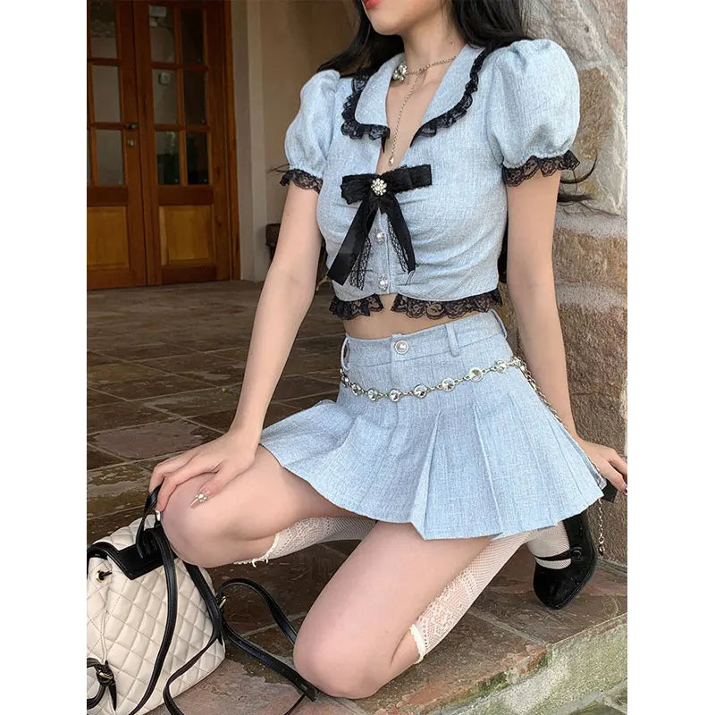 Korea Summer Sweet Two Piece Mini Skirts Sets Kawaii Lolita Peter Pan Collar Bow Crop Top + Mini Skirt Suit Blue Outfit Outwear