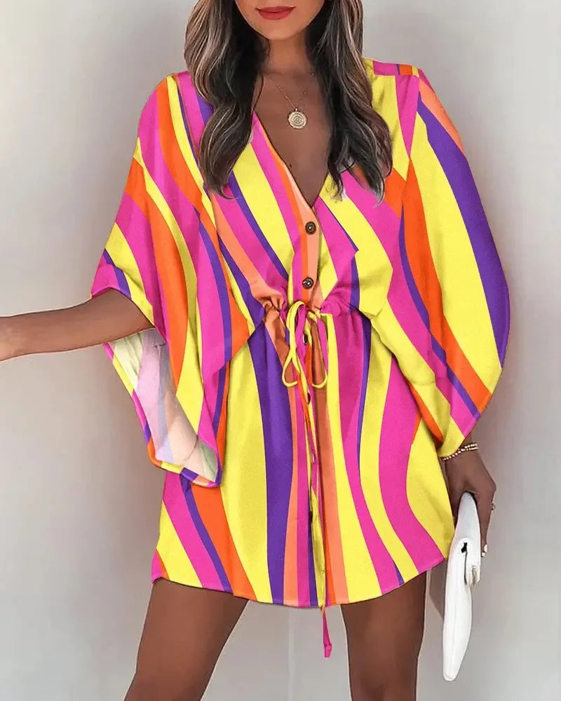 V-neck Flared Sleeve Cover Up For Woman Navy Loose Lace Up Holiday Beach 2024 Summer  Dress Beachwear Vestidos Verano Moda 2024