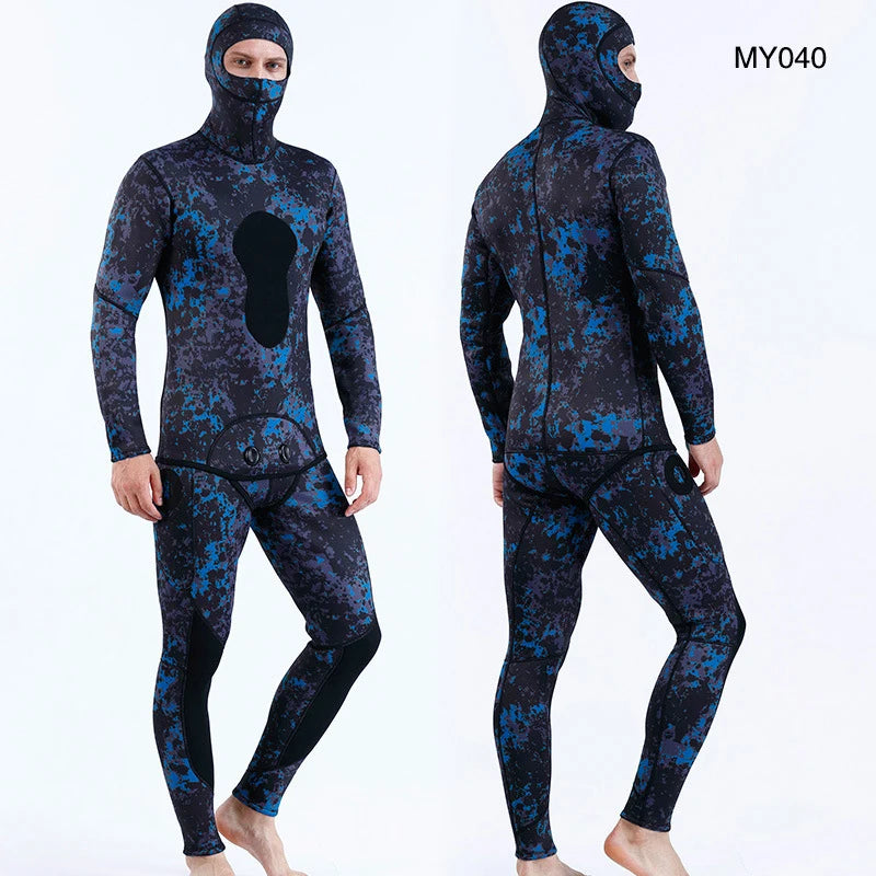 2 Pieces Set Wetsuit 3mm Neoprene Wetsuit Men's Hooded Camouflage Diving Suit Snorkeling Spearfishing Winter Thermal Swimsuit