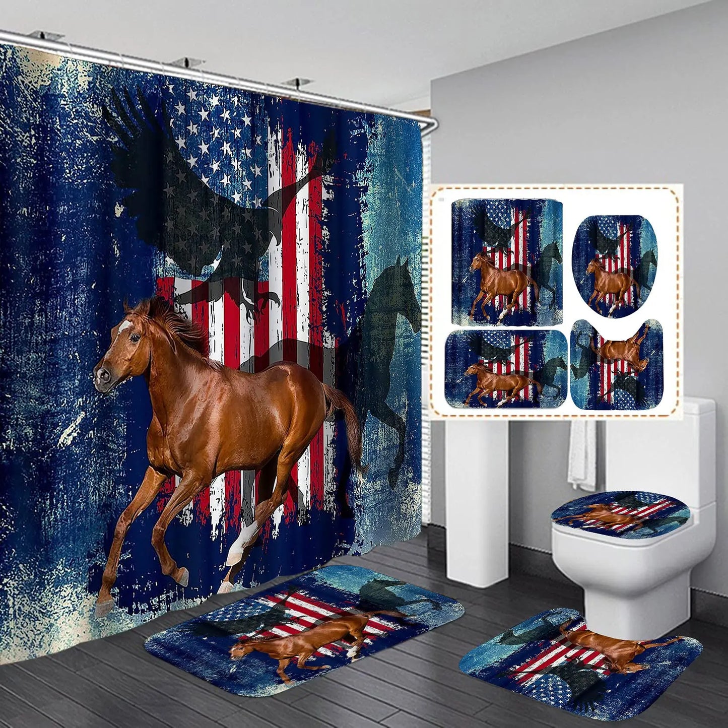 USA Flag American Bald Eagle Shower Curtain Set Non-Slip Rug Toilet Lid Cover Bath Mat Independence Day Patriotic Bathroom Sets