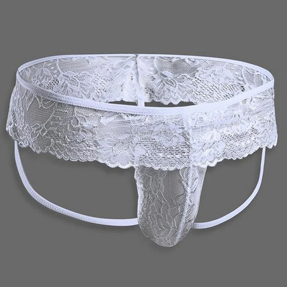 Men Lace See Through Sissy Gay Pouch Thong Briefs Underwear Hollow Transparent Sensual Panties Underpants Breathable Nightwear