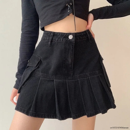 Goth Y2K Skirt Mujer High Waist Jeans Skirts E-girl Aesthetics Black Denim Pleated Skirts With Big Pockets Grunge Punk