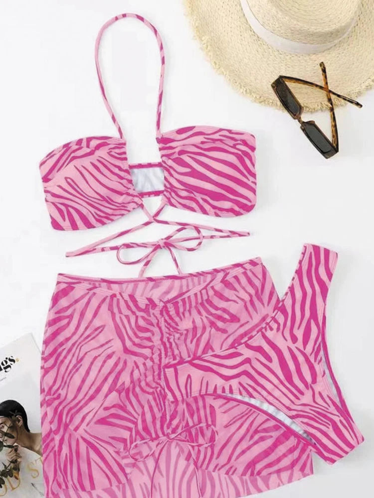 3pack Zebra Stripe Bikini Women Lace Up Swimsuit Beach Skirt Padded Bathing Suit Swimming Beachwear