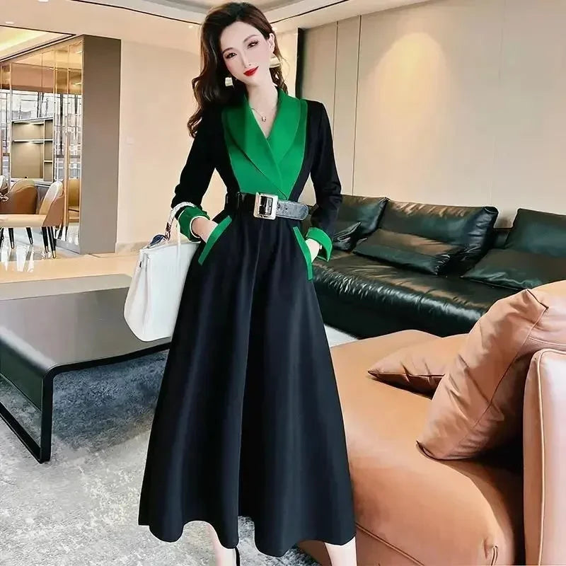 High End Atmospheric Goddess Style Temperament Dress New Autumn Women Mid Length Color Contrast Stitching Large Swing Skirt L684