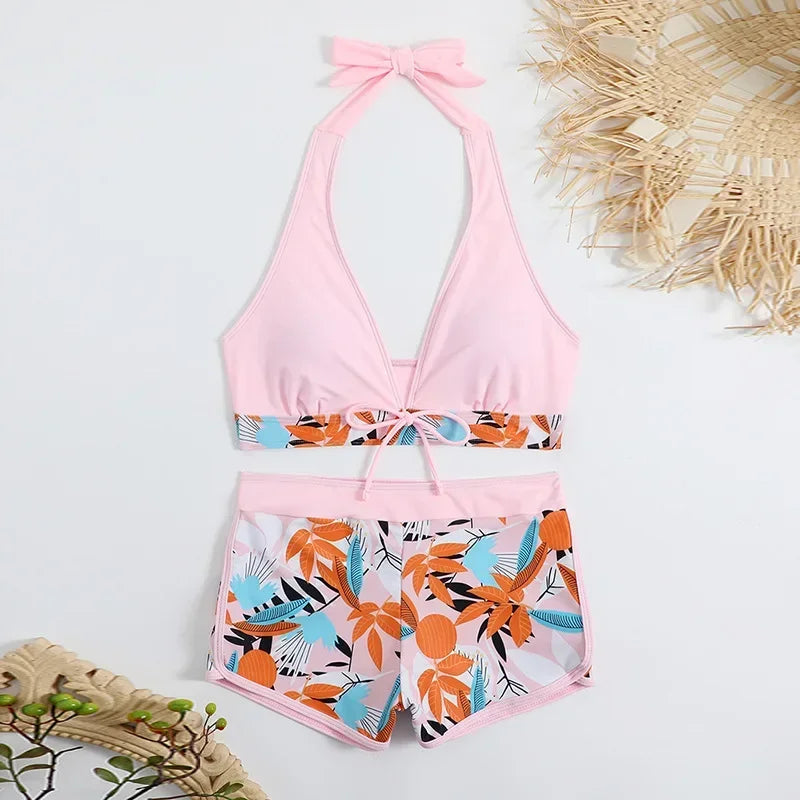 Swimwear Women Split Body Swimsuit 2-piece Set Lace Up Underwear High Waisted Flat Corner Pants Beachwear Spring Summer 2024