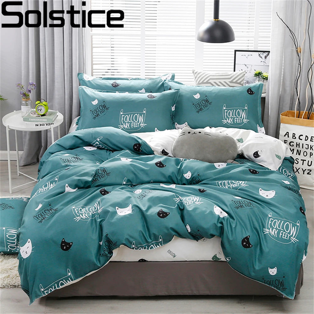 Solstice Home Textile Cyan Cute Cat Kitty Duvet Cover Pillow Case Bed Sheet Boy Kid Teen Girl Bedding Covers Set King Queen Twin