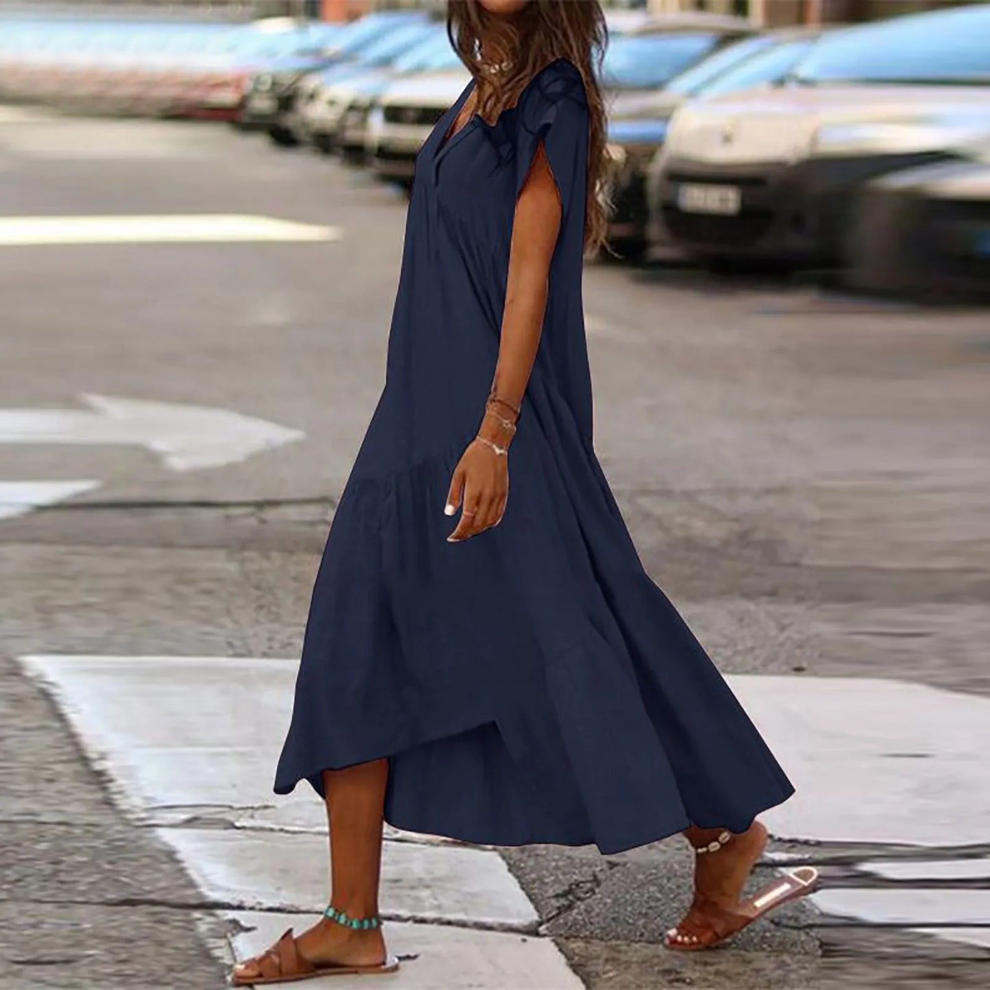 Elegant V-neck Short sleeves Solid Strapless Dress Irregular Hem Maxi Female Dress