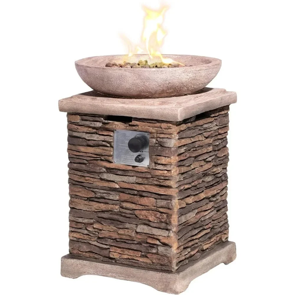 20" Outdoor Fire Pit Table, 40,000 BTU Concrete Gas Fire Pit W Lava Rocks, Rain Cover,Imitation Stone Design, Propane Fire Table