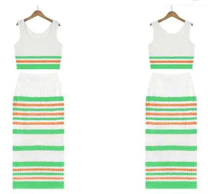 2 Pieces Set Women Sleeveless Knit Bikini Cover-up Crochet Swimsuit Crop Top Striped Skirt Swimwear High Waist Skirt Beach Dress