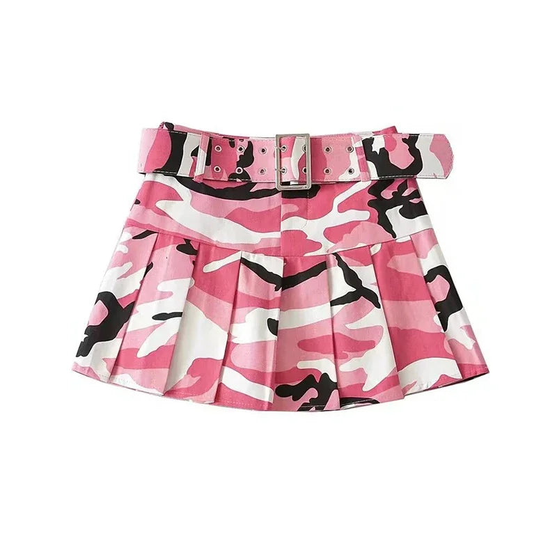 Street Women Pink Camouflage Pleated Mini Skirts Dance School Girls High Waist Belt Camo Pleated Skirt Cosplay A Line Skirts New