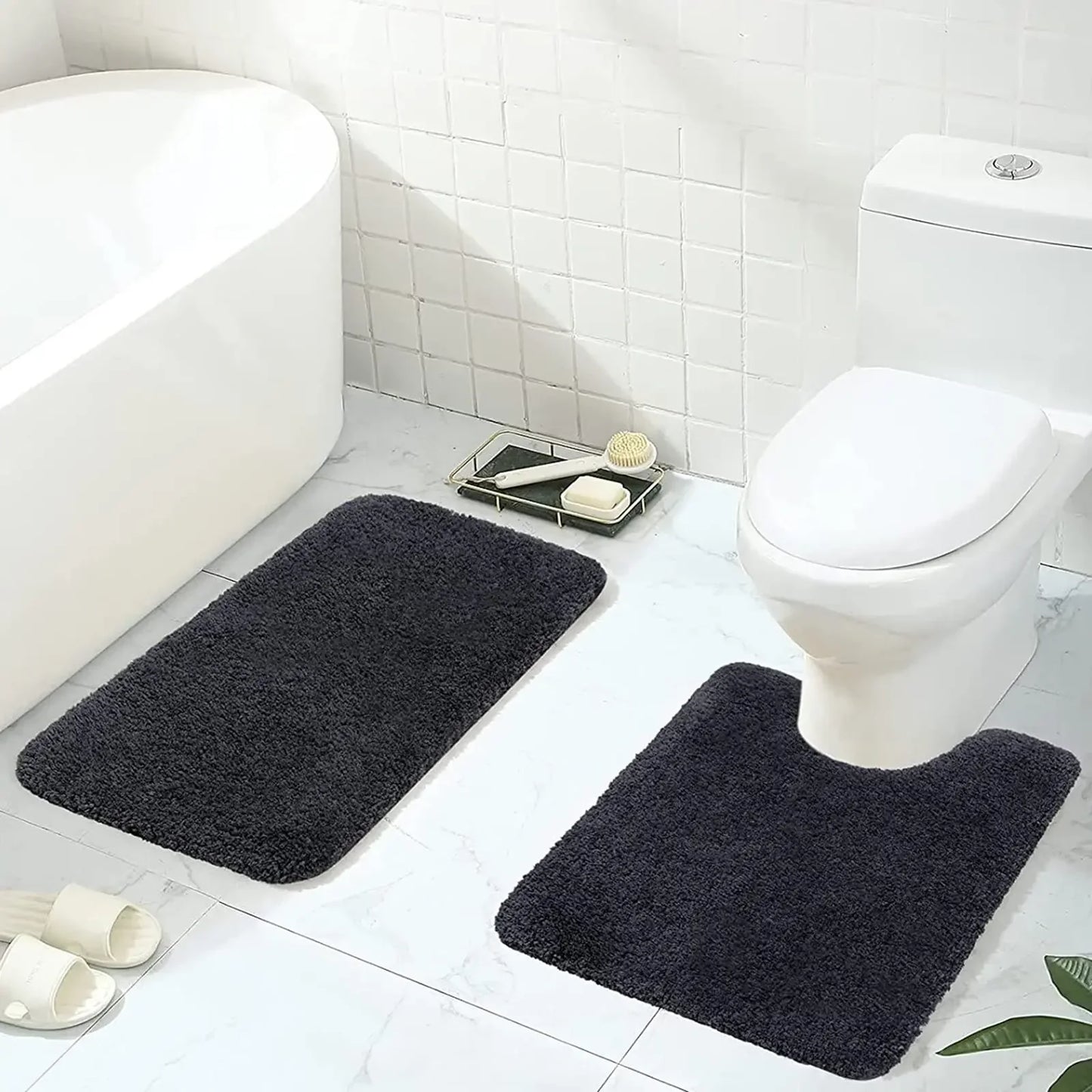 Olanly 2Pcs Bath Mat Set Soft Fluffy Plush Bathroom Floor Mats Carpet Shaggy Absorbent Shower Rug Non-Slip U-Shaped Toilet Rug