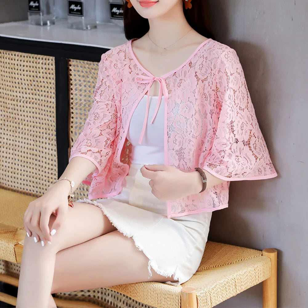 Flower Mesh Small Shawl Jacket Lace Up Transparent Lace Cardigan Shirt Short Sleeve Beachwear Sun Protection Cardigan Tops