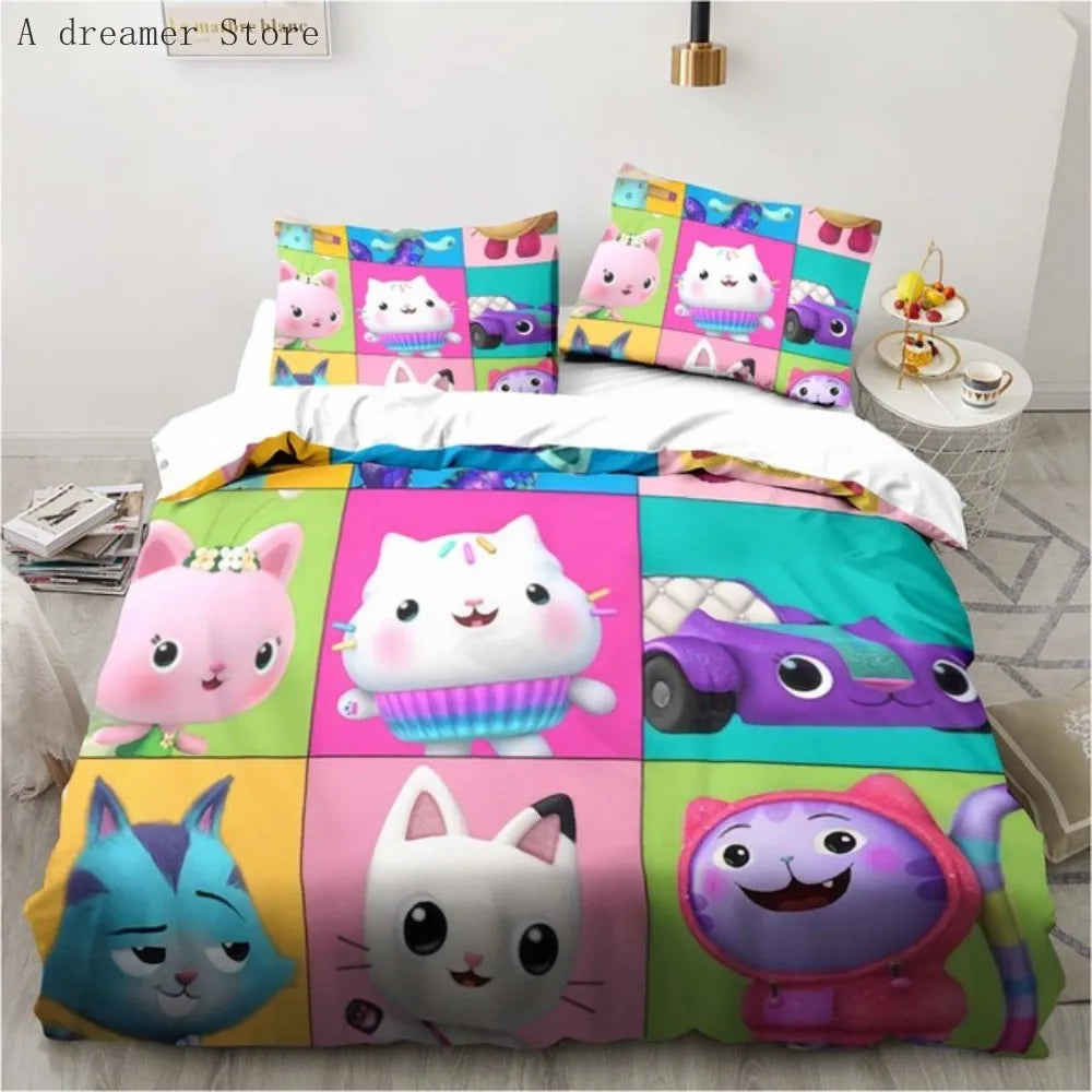 Gabbys Dollhouse Characters Bedding Set Cartoon Duvet Cover 2/3Pc Pink Bedclothes Single Double Queen King Size for Girl Bed Set