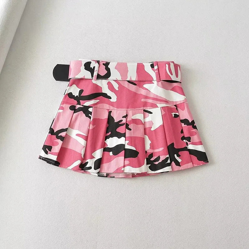 Street Women Pink Camouflage Pleated Mini Skirts Dance School Girls High Waist Belt Camo Pleated Skirt Cosplay A Line Skirts New