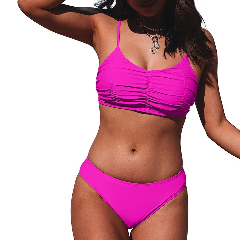 Summer Women's Pink Pleated Bikini SuSpender Solid Color 2-piece Split SwimSuit For Women