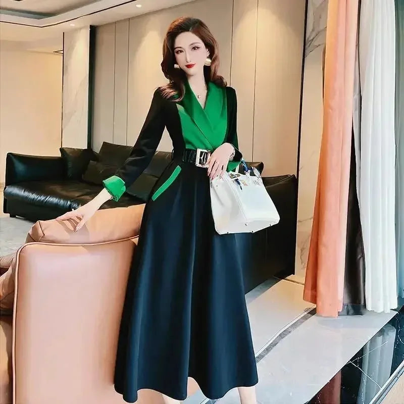 High End Atmospheric Goddess Style Temperament Dress New Autumn Women Mid Length Color Contrast Stitching Large Swing Skirt L684