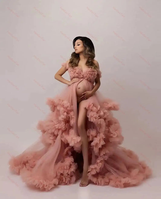 Women's Tulle Robe for Maternity Photoshoot Puffy Ruffles Bridal Lingerie Bathgown Illusion Wedding