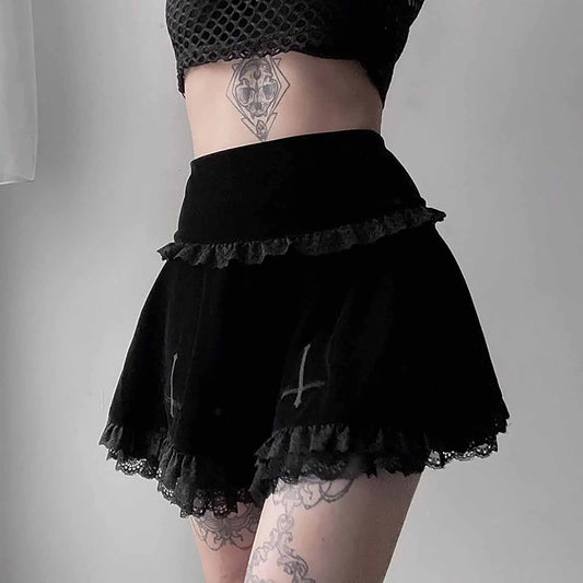 Goth Cross Embroidered Black Skirts Gothic Vintage Lace Velvet Emo Alt Punk Skirt Fairy Grunge High Waist A Line Mini Skirts