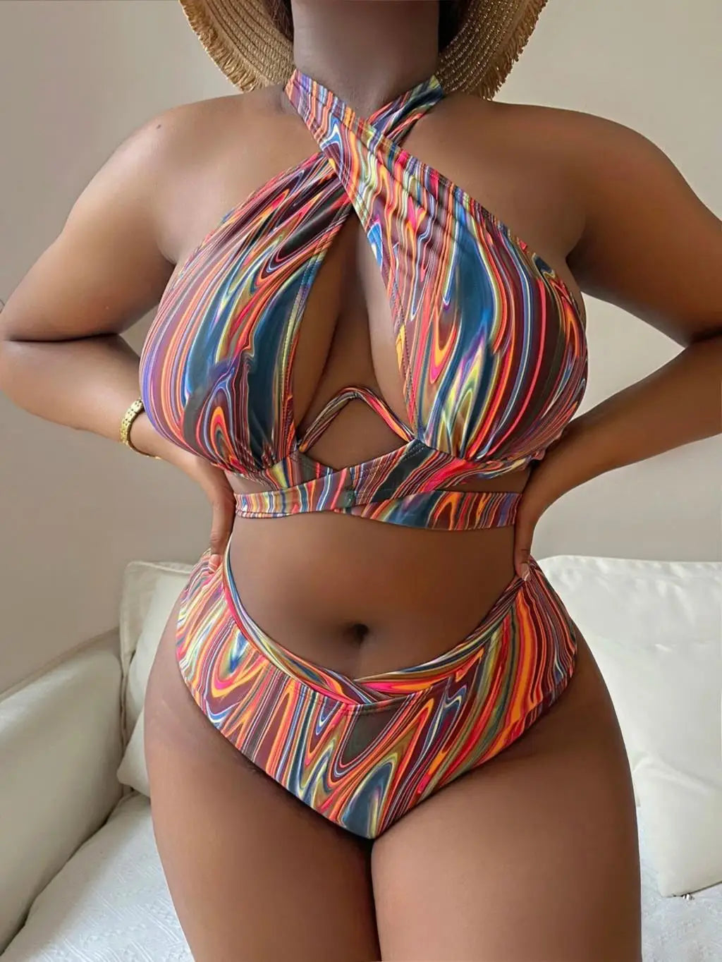 Bikini Printed Swimsuit Women Plus Size Swimwear Female High Waist  Beachwear