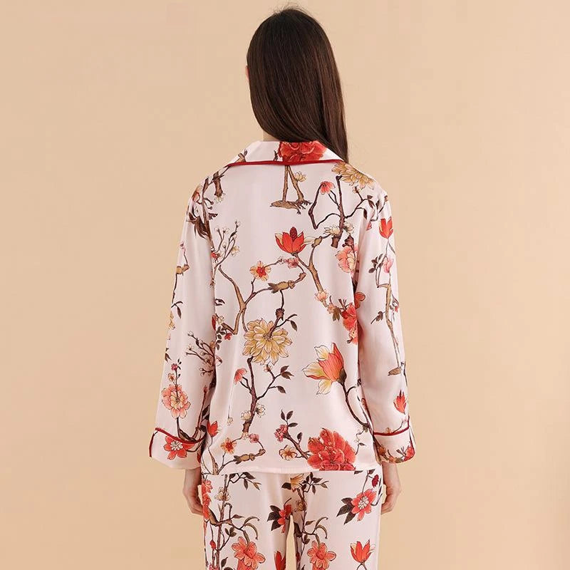 100% Mulberry pure Silk Pajama Set High End floral Ladies Silk Women's pajamas lingeries for woman Home suit sleep clothes sets