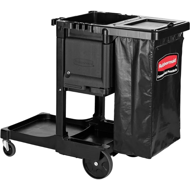 Housekeeping Cleaning Cart with Locking Cabinet, Wheeled with Zippered Black Vinyl Bag,Black,38"x21.8"x46"