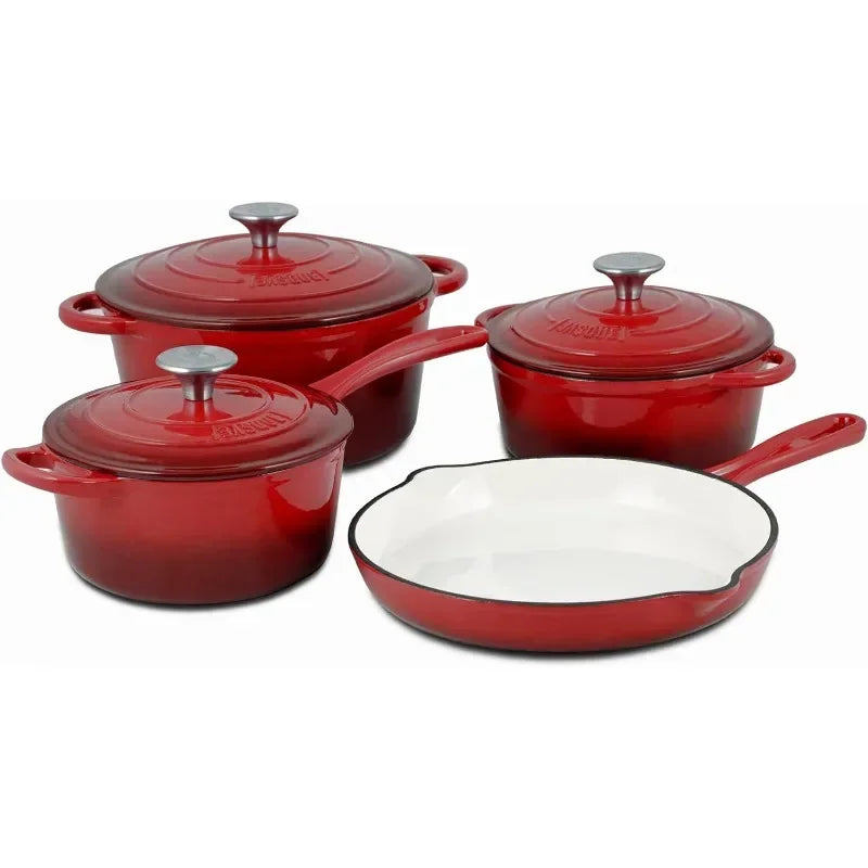 Basque Enameled Cast Iron Cookware Set (Rouge Red) Nonstick Oversized Handles Oven Safe 10.25/'' Skillet 2QT Saucepan